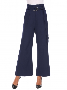 

Dark blue Women High Waist Wide Leg Pleated Detail Casual Palazzo Pants with Belt, Multicolor