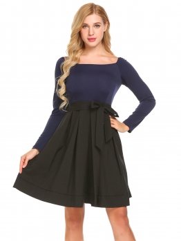 

Navy blue Women Boat Neck Long Sleeve Patchwork Party Cocktail Pleated Dress w" Belt, Multicolor