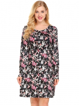 

Black O-Neck Long Sleeve Prints A-Line Pleated Casual Dress, Multicolor