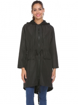

Black Lightweight Hooded Drawstring Raincoat Outdoor Waterproof Long Jacket, Multicolor