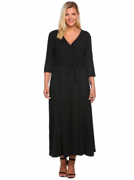 

Black Plus Size Surplice Neck 3"4 Sleeve Belted Maxi Dress, Multicolor