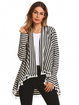 

Gray Cotton Long Sleeve Striped Tassel Draped Irregular Cardigan, Multicolor