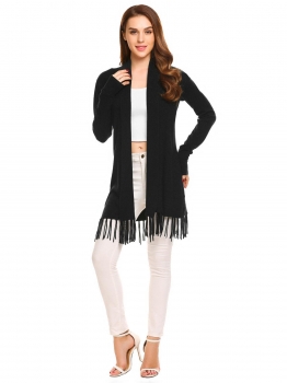 

Black Women's Long Sleeve Open Front Solid Thin Knit Tassel Sweater Cardigan, Multicolor