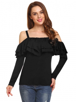 

Black Women Casual Spaghetti Straps Cold the Shoulder Solid Ruffle Slim Sexy T-shirt Tops, Multicolor