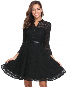 

Black Vintage Long Sleeve Floral Lace V Neck Belted Swing Dress, Multicolor