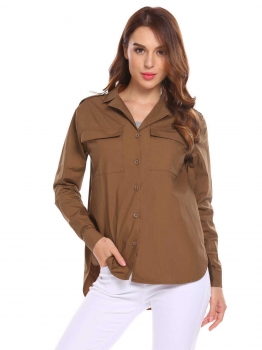 

Brown Women Casual Button Down Long Sleeve Solid Front Pockets Shirt, Multicolor
