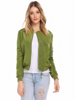 

Army green Women Casual Stand Collar Long Sleeve Patchwork Zipper Pocket Sexy Jacket Outwear, Multicolor