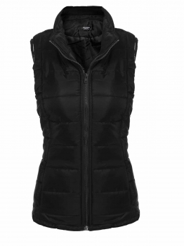 

Black Women's Warm Stand Collar Zip Up Floral" Solid Casual Quilted Vest w" Pocket, Multicolor