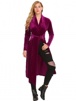 

Rose Purple Women Casual Wrap Split V Neck Long Sleeve Lace Up Waist Velvet Jacket, Multicolor