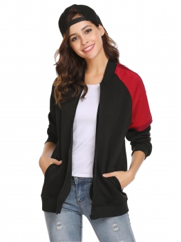 

Black Women Casual Stand Collar Long Sleeve Zipper Pocket Thread Hem Cuffs Baseball Jacket, Multicolor