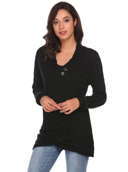 

Black V-Neck Long Sleeve Button Solid Front Cross Pullover Sweater, Multicolor