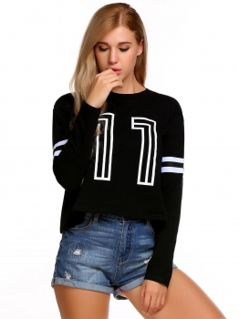 

Black Women Casual Long Sleeve Print Pullover Short Sweatshirt, Multicolor