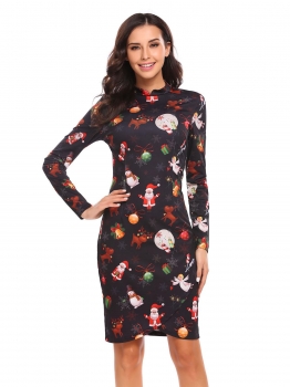 

Black Women Fashion Mock Collar Long Sleeve Christmas Printed Bodycon Pencil Dress, Multicolor