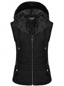 

Black Sleeveless Removable Hat Quilted Zipper Closure Lightweight Vest, Multicolor
