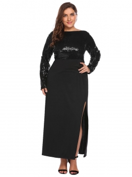 

Black Women's Long Sleeve Backless Sequined Split Evening Party Maxi Dress Plus Size, Multicolor