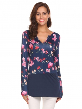 

Navy blue V-Neck Long Sleeve Split Hem Floral Print T-Shirt Blouse Tops, Multicolor
