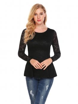 

Black Women Round Collar Long Sleeve Floral Lace Slim Fit Casual Top, Multicolor