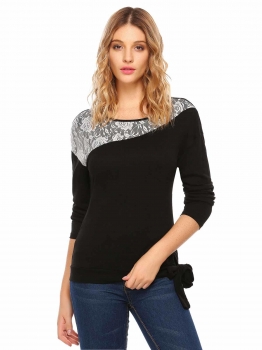 

Black Long Sleeve Lace Patchwork Front Tie T-Shirt, Multicolor