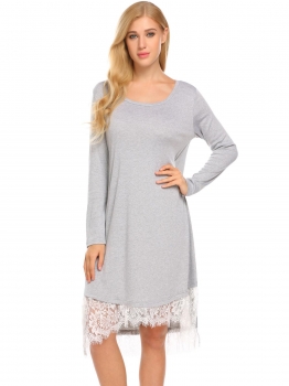 

Gray Long Sleeve Split Lace Trim High Low Hem Casual Loose Dress, Multicolor