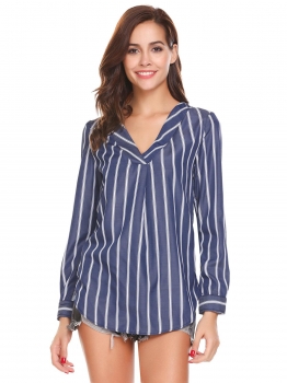 

Dark blue Women Casual V-Neck Long Sleeve Striped Loose Sexy OL Shirt T-shirt Blouse, Multicolor