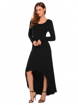 

Black O Neck Long Sleeve High Waist Solid Irregular Hem Swing Evening Dress, Multicolor