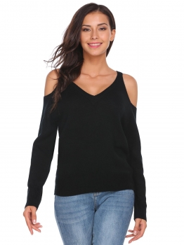 

Black V-Neck Cold Shoulder Long Sleeve Solid Knit Pullover Sweater, Multicolor