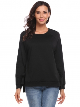 

Black Women O-Neck Long Sleeve Tie Side Split Casual Pullover Sweatshirt, Multicolor