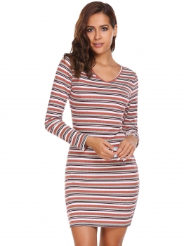 

Coral Striped V-Neck Long Sleeve Bodycon Mini Dress, Multicolor