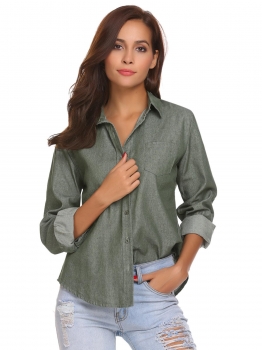 

Army green Women Long Sleeve Solid Classic Denim Casual Button Down Shirt with Pocket, Multicolor