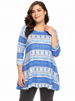 

Blue Women Plus Size 3"4 Sleeve Printing A-Line Comfy Tunic T-Shirt, Multicolor