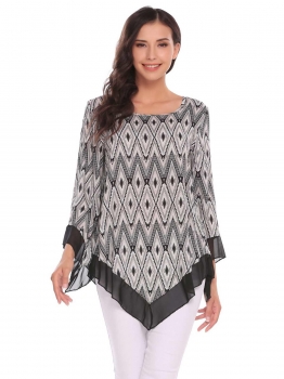 

Black Women Casual O-Neck 3"4 Sleeve Chiffon Ruffle Patchwork Prints Tops, Multicolor