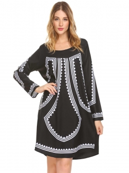 

Black Women Casual Round Neck Long Sleeve Printed Loose Straight Dress, Multicolor