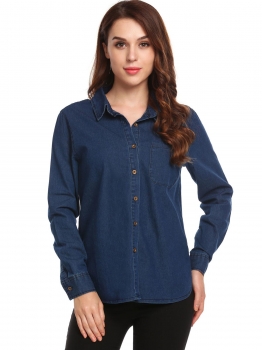 

Dark blue Women Basic Classic Long Sleeve Button Down Casual Denim Shirt, Multicolor