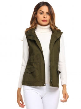 

Army green Women Detachable Hooded Drawstring Waist Slim Fit Casual Military Vest, Multicolor