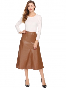 

Brown Artificial Leather High Waist A-Line Pleated Split Hem Skirt, Multicolor