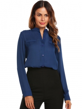 

Blue Women Stand Collar Long Sleeve Solid Casual Chiffon Shirts, Multicolor