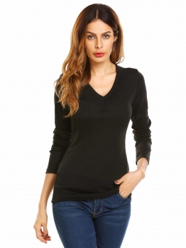 

Black Women Fashion V-Neck Long Sleeve Solid Pullover Knit Sweater, Multicolor