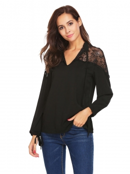 

Black Women Lace Up Stand Collar Drawstring Sleeve Patchwork Casual Loose Blouse, Multicolor