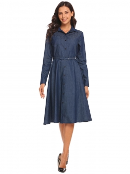 

Dark blue Women Casual Turn-down Collar Long Sleeve Solid Shirt Dress with Belt, Multicolor