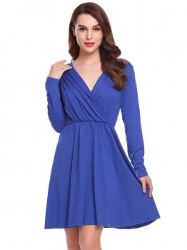 

Blue Women V-Neck Long Sleeve Solid Fit and Flare Going Out Dress, Multicolor