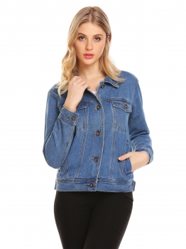 

Blue gray Women Long Sleeve Washed Floral Embroidery Button Up Denim Jacket Coat, Multicolor