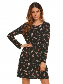 

Black Long Sleeve Knee Length Aline Floral Print Casual A-Line Dress With Pocket, Multicolor