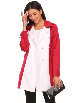 

Wine red Women Turn Down Collar Double-breasted Patchwork Casual Trench Coat w" Belt, Multicolor