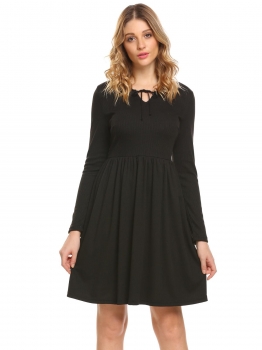 

Black Women Self-tie Neck Long Sleeve Pleated Textured Casual Dress, Multicolor