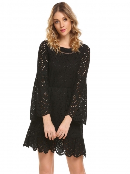 

Black Women Casual O-Neck Flare Sleeve A-Line Hollow Out Tassel Sexy Dress, Multicolor