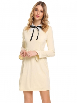 

Apricot Women Casual Turn-down Collar Bow Tie Flare Sleeve A-Line Casual Dress, Multicolor