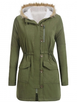 

Army green Women Artificial Fur Hooded Long Sleeve Thickened Winter Warm Coat, Multicolor