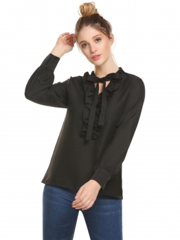 

Black Women Casual Lace Up Collar Lantern Sleeve Ruffle Solid Shirt Tops, Multicolor