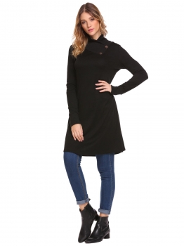 

Black Stand Collar Long Sleeve Thread Cuffs Patchwork Button Loose Casual Dress, Multicolor