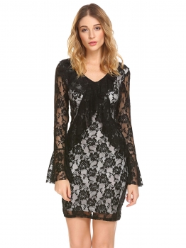 

Black Women V Neck Long Flare Sleeve Sheer Floral Lace Ruffled Bodycon Party Dress, Multicolor